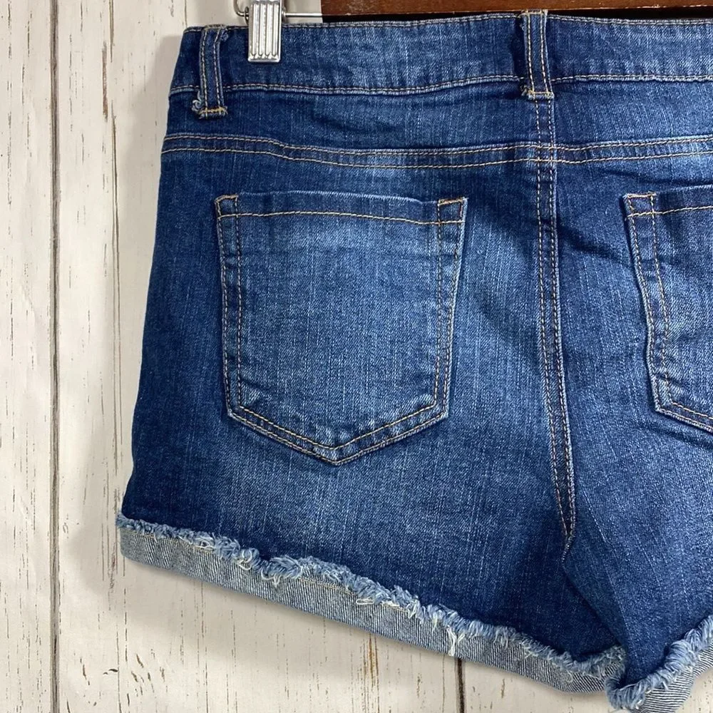 Vanilla Star Womens Embroidered Cuffed Distressed Mid Rise Jean Denim Shorts